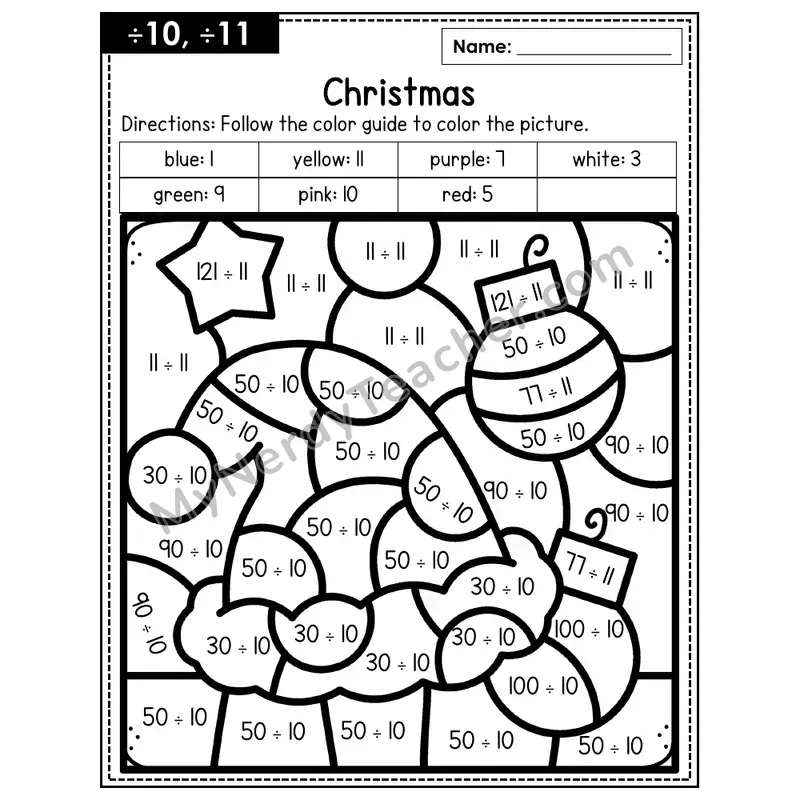Division Color by Number — ÷10, ÷11 — Christmas (Page 7)
