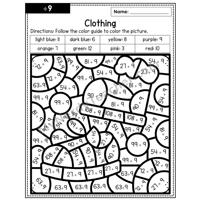 Division Color by Number — ÷9 — Clothing (Page 6)