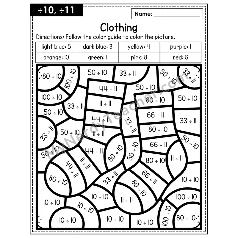 Division Color by Number — ÷10, ÷11 — Clothing (Page 7)