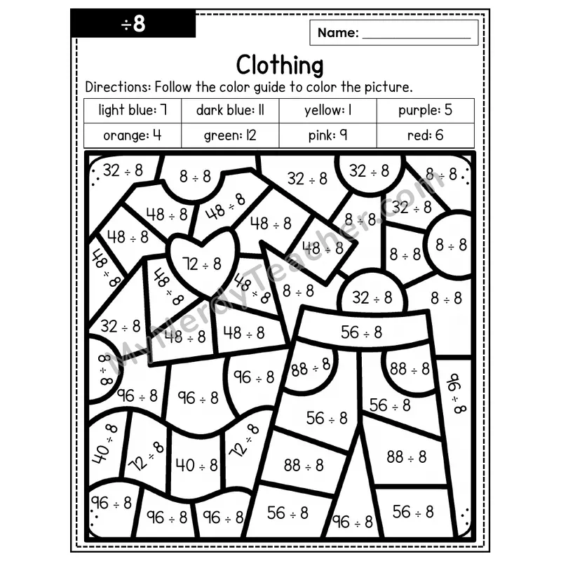 Division Color by Number — ÷8 — Clothing (Page 5)