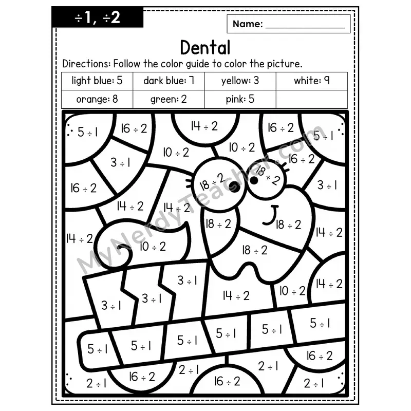 Division Color by Number — ÷1, ÷2 — Dental (Page 1)