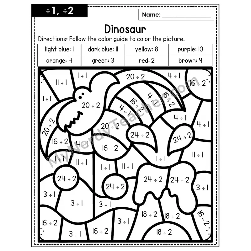 Division Color by Number — ÷1, ÷2 — Dinosaur (Page 1)