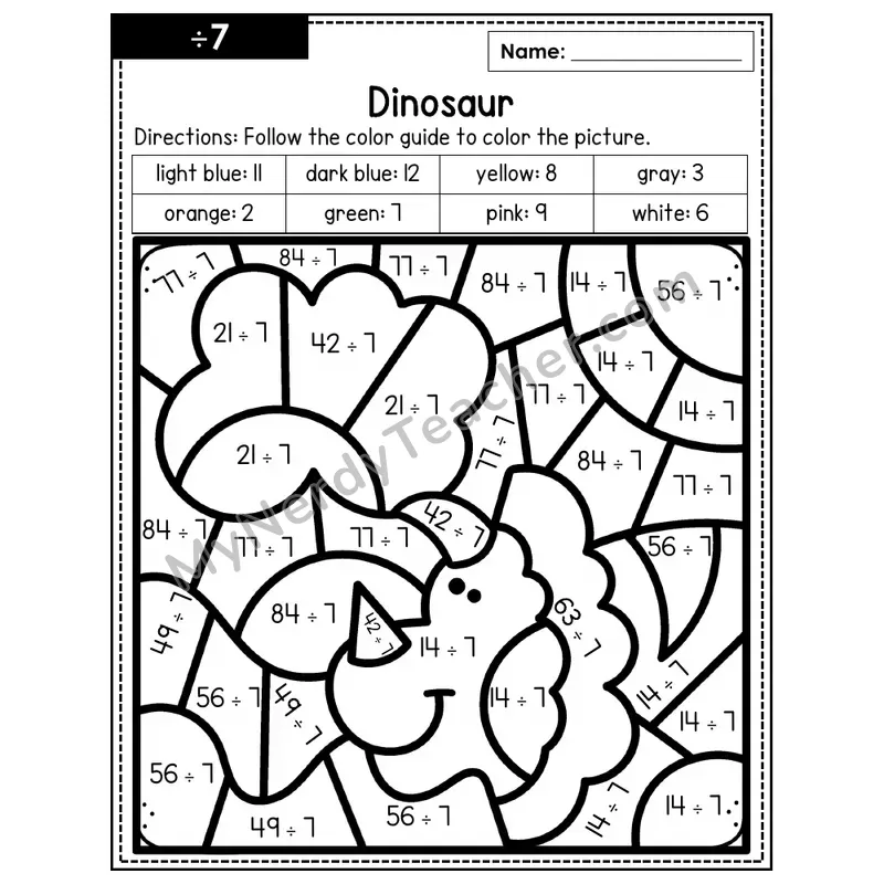 Division Color by Number — ÷7 — Dinosaur (Page 4)