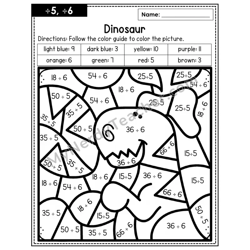 Division Color by Number — ÷5, ÷6 — Dinosaur (Page 3)