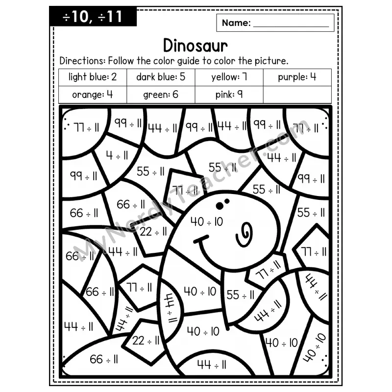 Division Color by Number — ÷10, ÷11 — Dinosaur (Page 7)