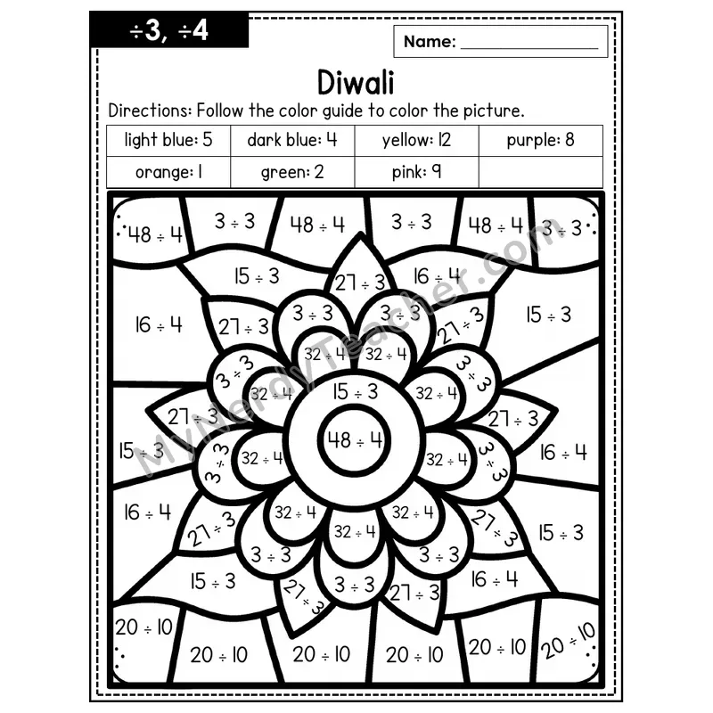 Division Color by Number — ÷3, ÷4 — Diwali (Page 2)