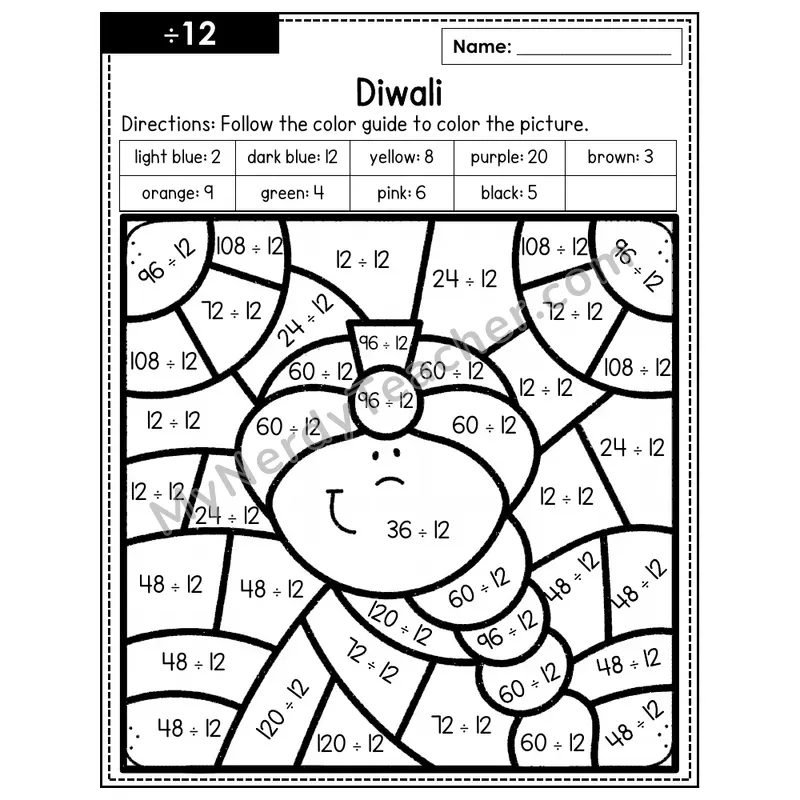 Division Color by Number — ÷12 — Diwali (Page 8)