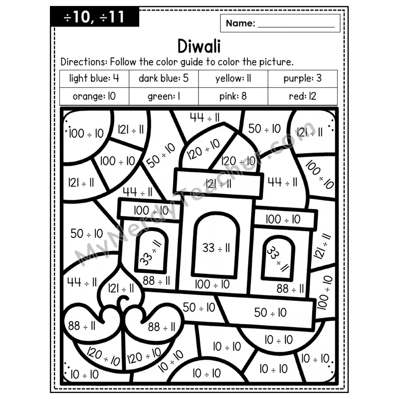 Division Color by Number — ÷10, ÷11 — Diwali (Page 7)