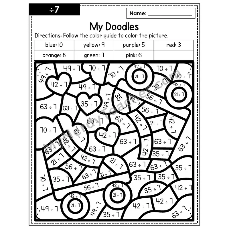 Division Color by Number — ÷7 — Doodles (Page 4)