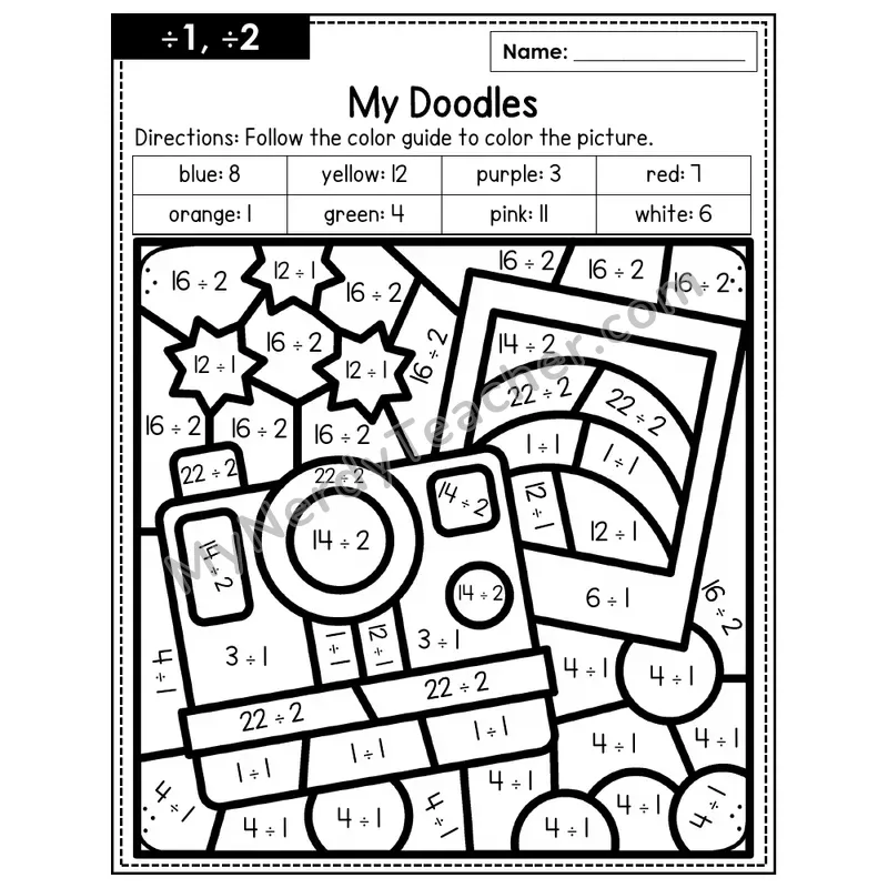 Division Color by Number — ÷1, ÷2 — Doodles (Page 1)