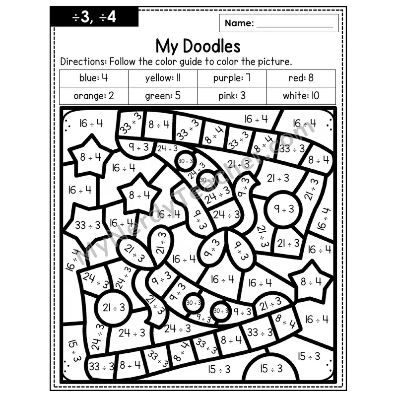 Division Color by Number — ÷3, ÷4 — Doodles (Page 2)