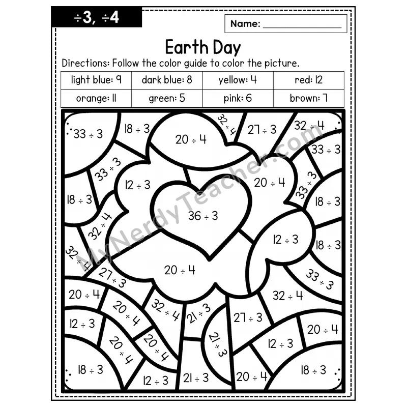 Division Color by Number — ÷3, ÷4 — Earth Day (Page 2)