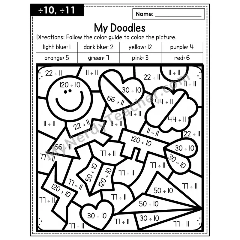 Division Color by Number — ÷10, ÷11 — Doodles (Page 7)