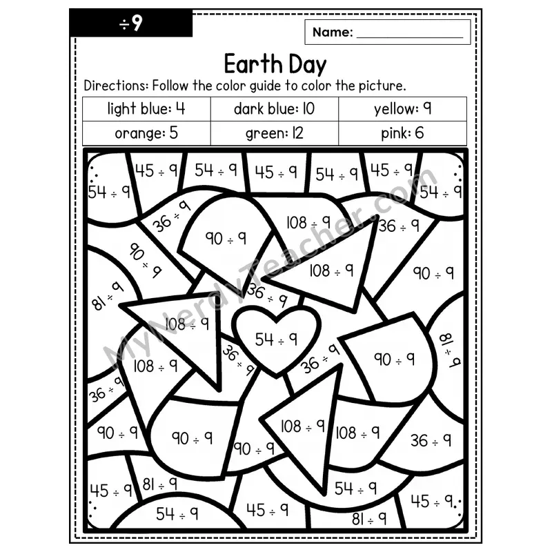 Division Color by Number — ÷9 — Earth Day (Page 6)