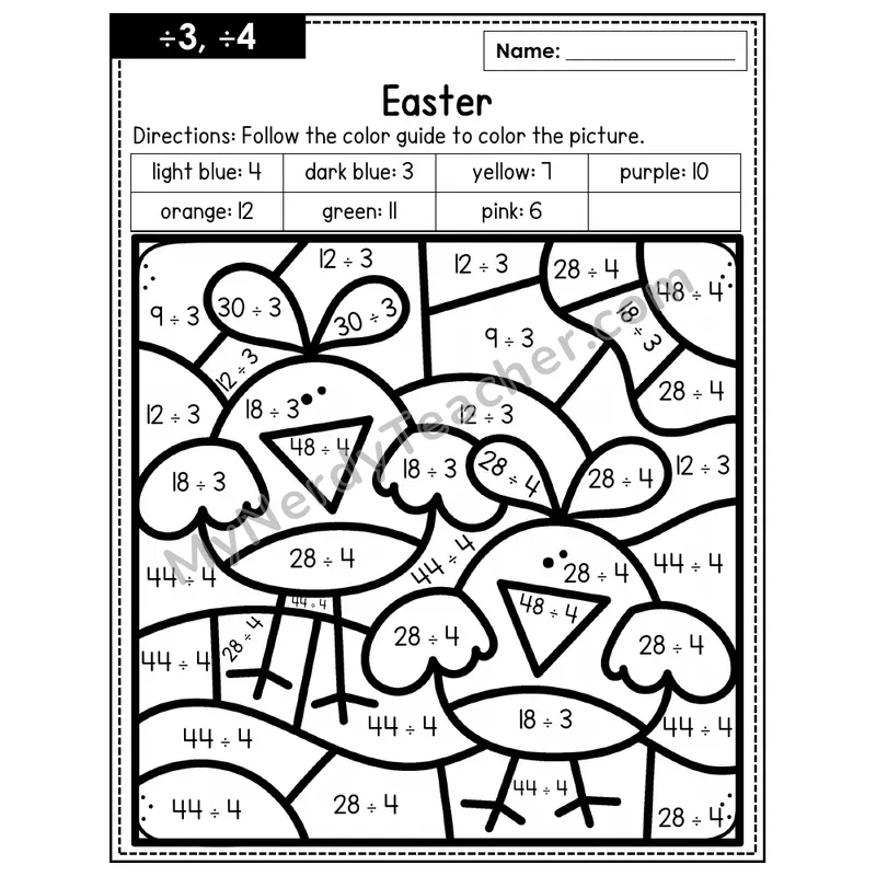 Division Color by Number — ÷3, ÷4 — Easter (Page 2)