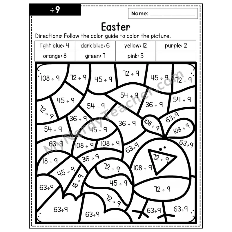Division Color by Number — ÷9 — Easter (Page 6)