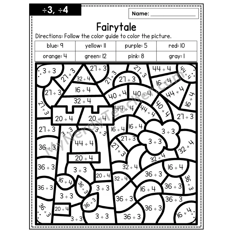 Division Color by Number — ÷3, ÷4 — Fairytale (Page 2)