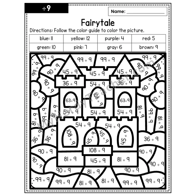 Division Color by Number — ÷9 — Fairytale (Page 6)