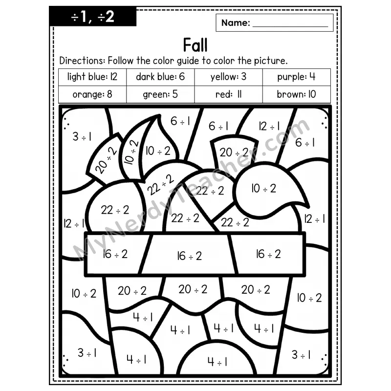 Division Color by Number — ÷1, ÷2 — Fall (Page 1)
