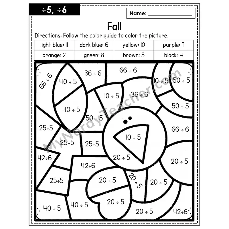 Division Color by Number — ÷5, ÷6 — Fall (Page 3)