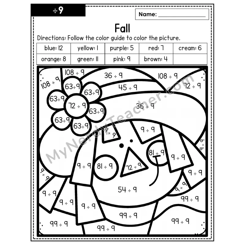Division Color by Number — ÷9 — Fall (Page 6)