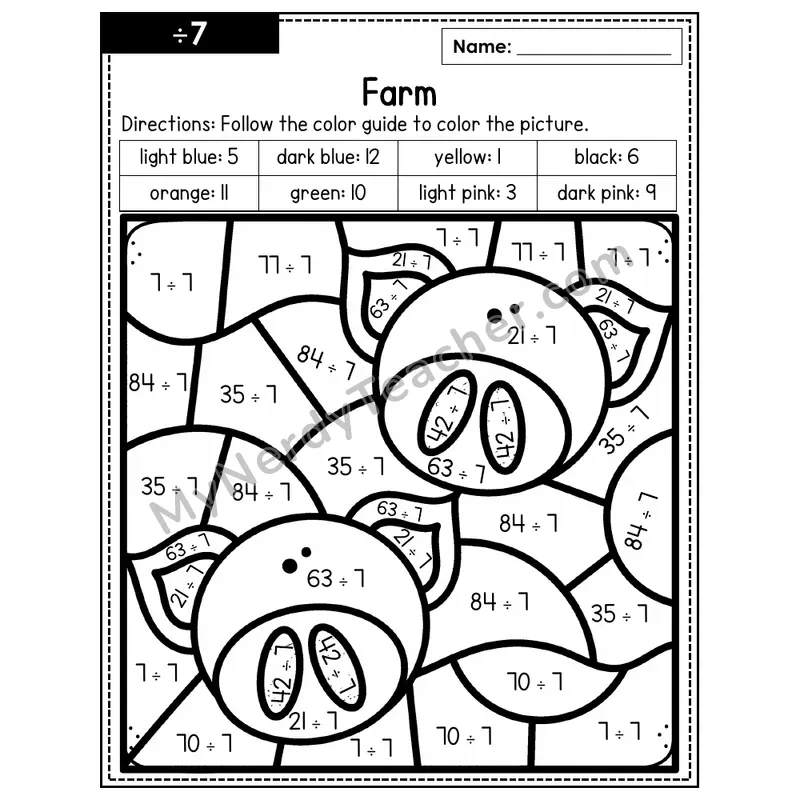 Division Color by Number — ÷7 — Farm (Page 4)