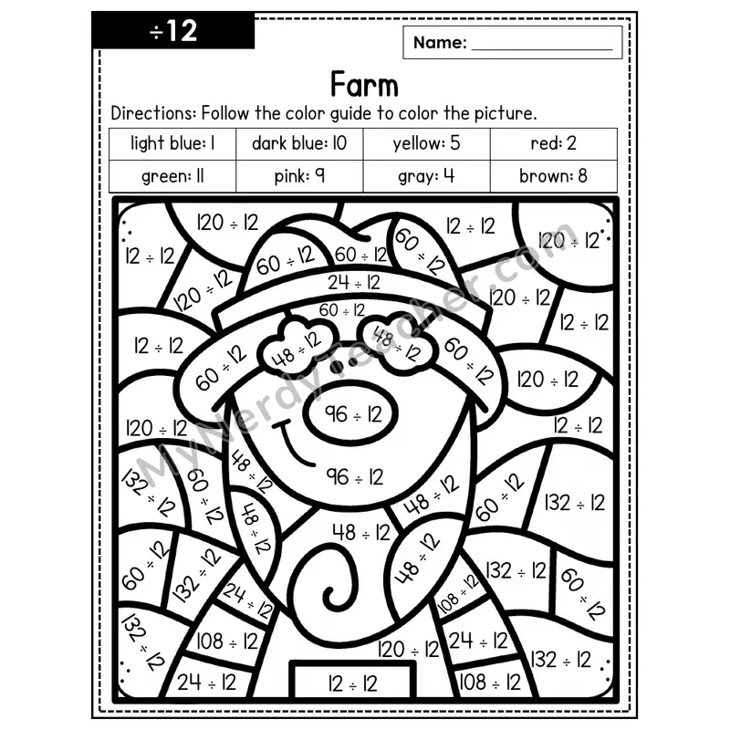 Division Color by Number — ÷12 — Farm (Page 8)