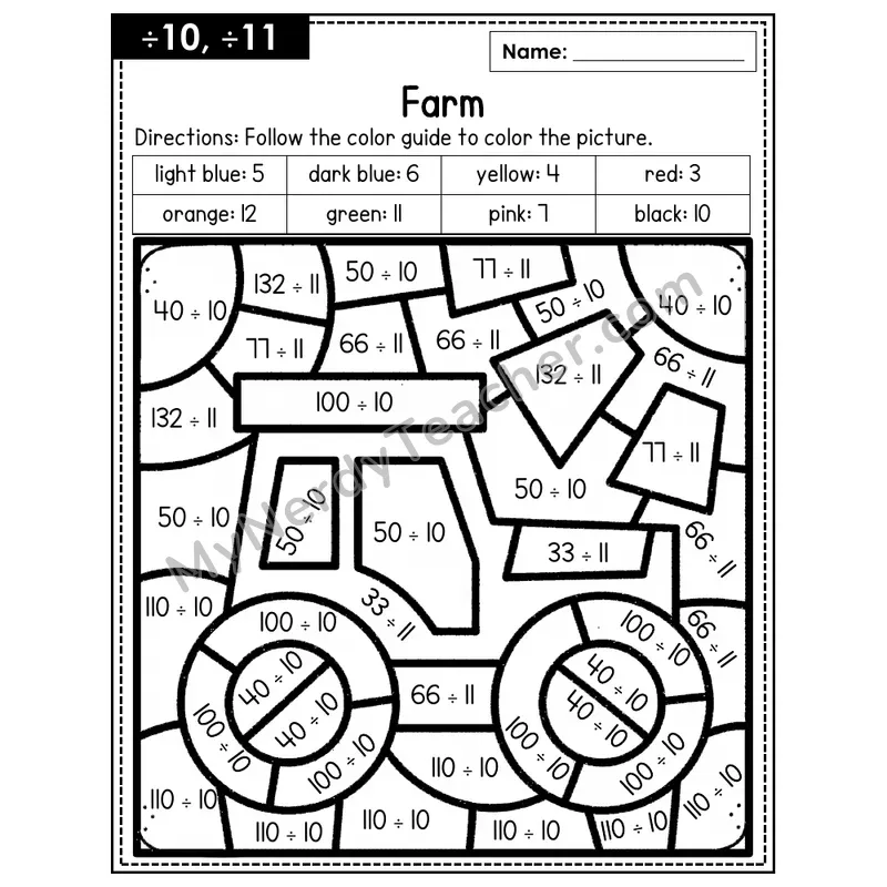 Division Color by Number — ÷10, ÷11 — Farm (Page 7)