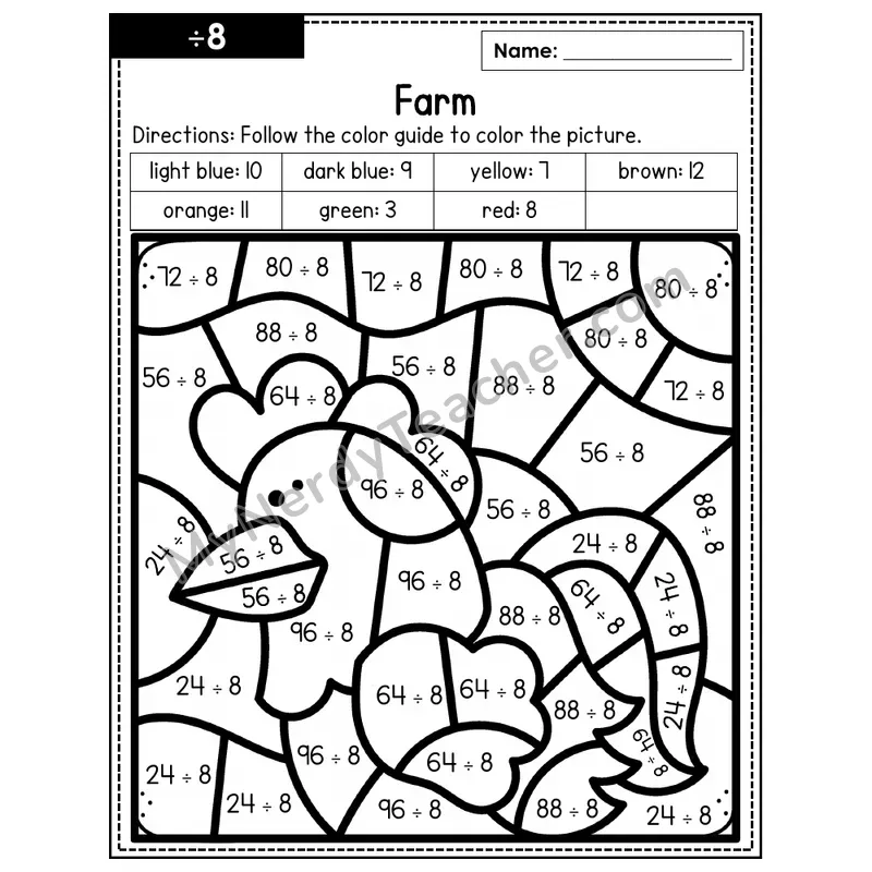 Division Color by Number — ÷8 — Farm (Page 5)