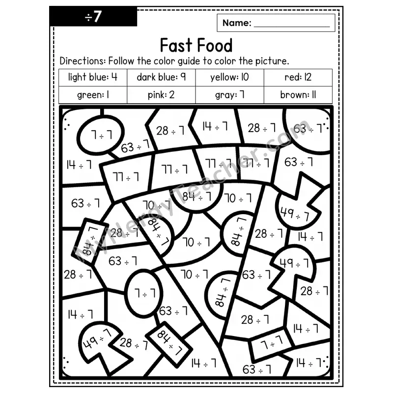 Division Color by Number — ÷7 — Fast Food (Page 4)