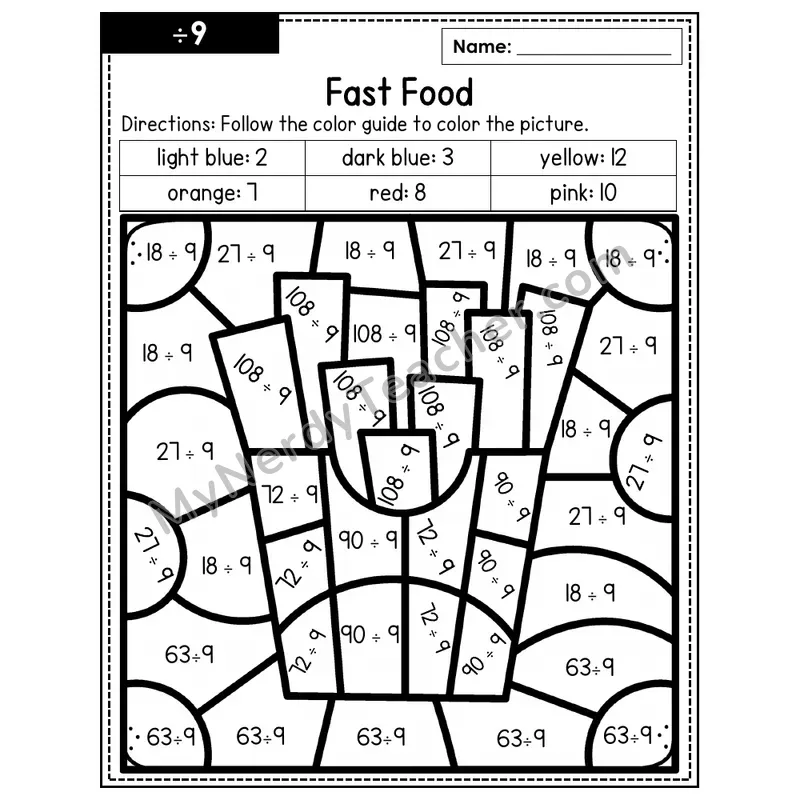 Division Color by Number — ÷9 — Fast Food (Page 6)