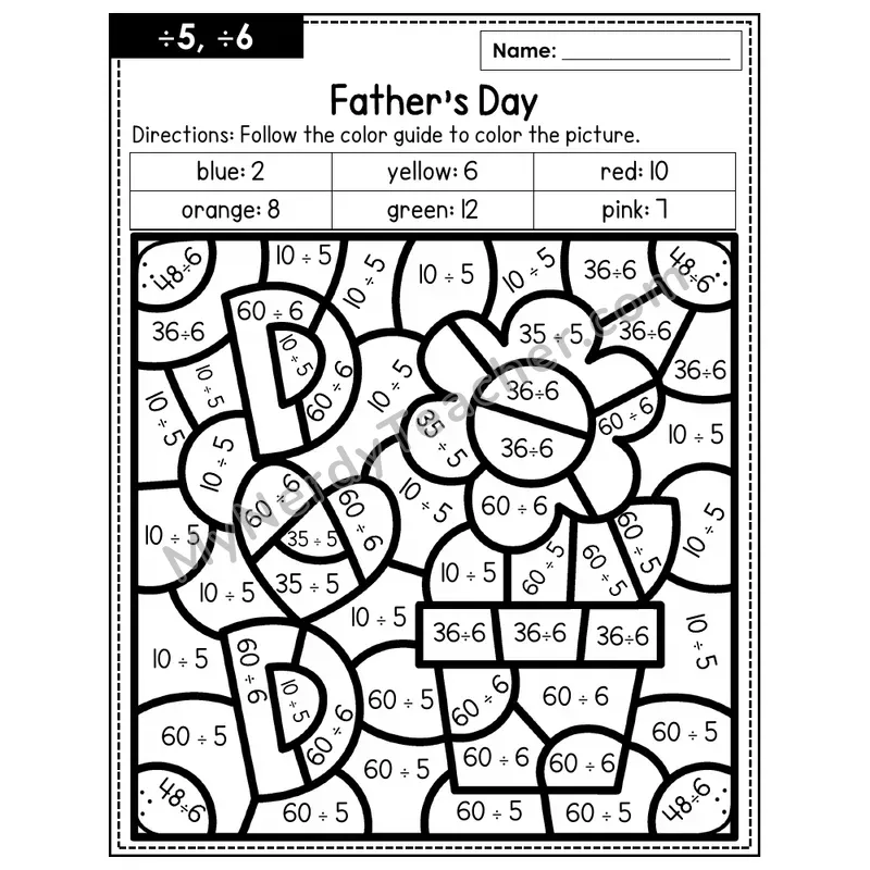Division Color by Number — ÷5, ÷6 — Father's Day (Page 3)
