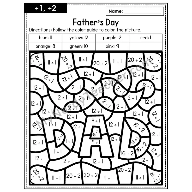 Division Color by Number — ÷1, ÷2 — Father's Day (Page 1)