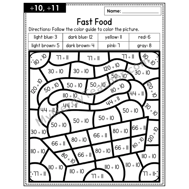Division Color by Number — ÷10, ÷11 — Fast Food (Page 7)