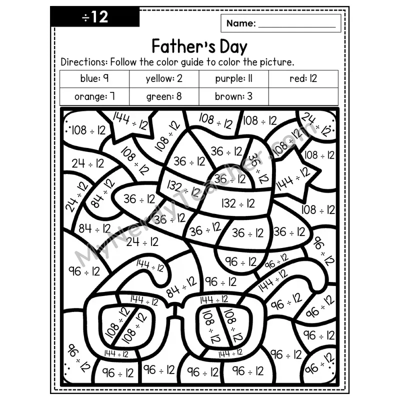 Division Color by Number — ÷12 — Father's Day (Page 9)