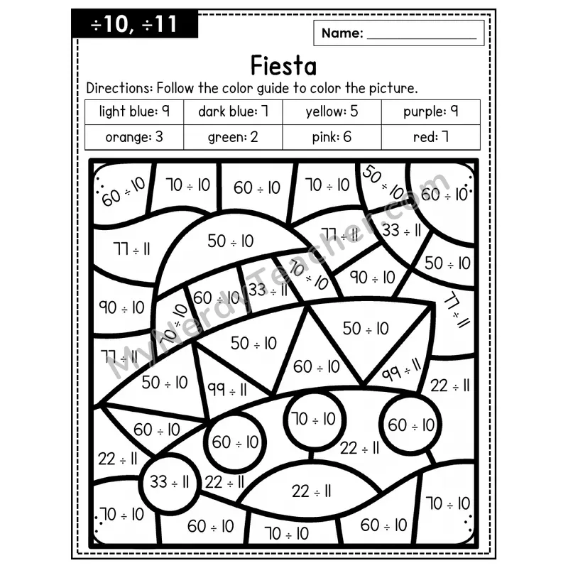 Division Color by Number — ÷10, ÷11 — Fiesta (Page 1)