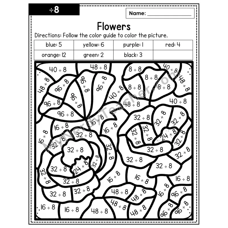 Division Color by Number — ÷8 — Flowers (Page 5)