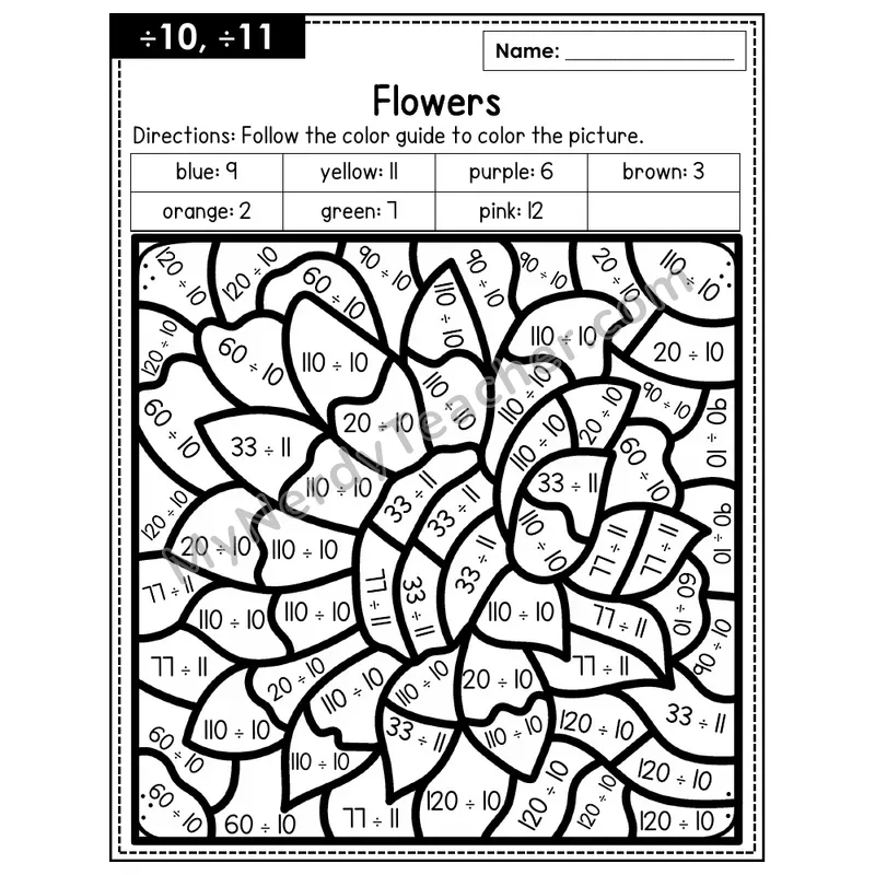 Division Color by Number — ÷10, ÷11 — Flowers (Page 7)