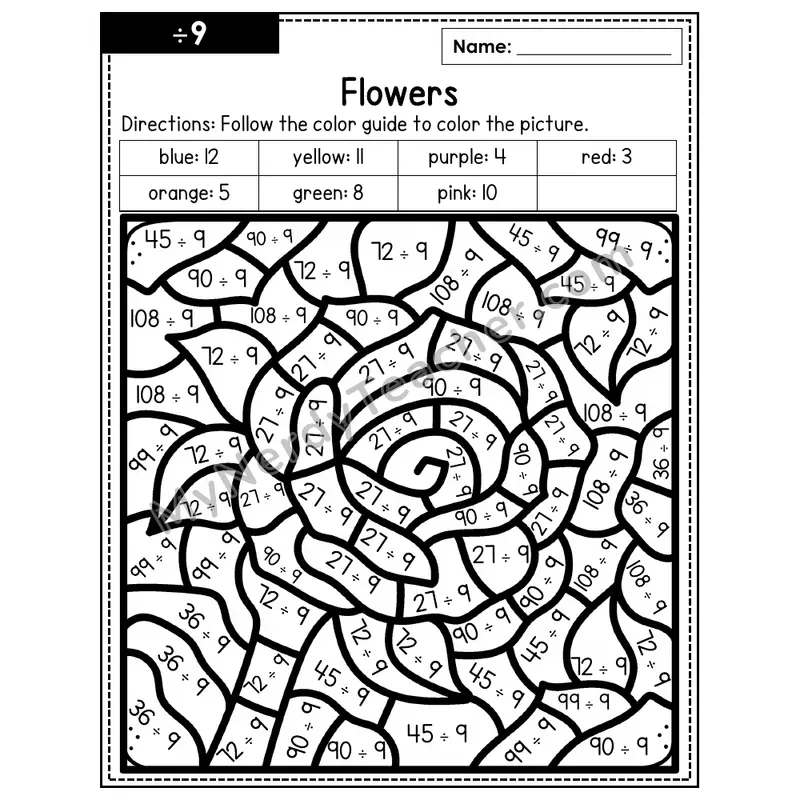 Division Color by Number — ÷9 — Flowers (Page 6)