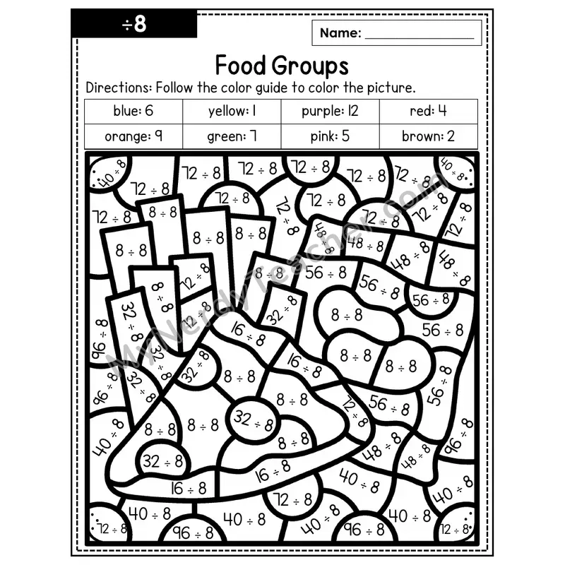 Division Color by Number — ÷8 — Food Groups (Page 5)