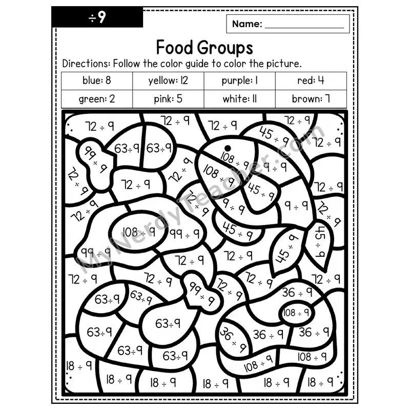 Division Color by Number — ÷9 — Food Groups (Page 6)