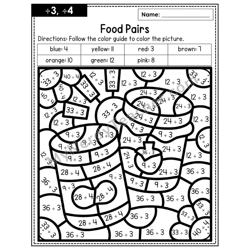 Division Color by Number — ÷3, ÷4 — Food Pairs (Page 2)