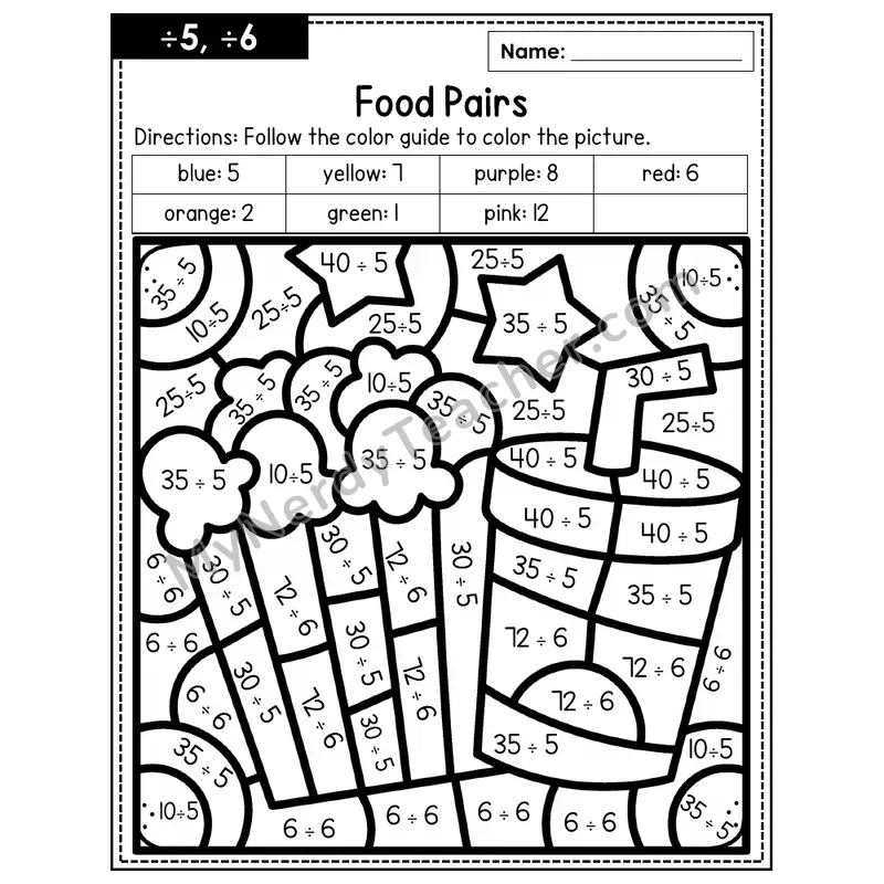 Division Color by Number — ÷5, ÷6 — Food Pairs (Page 3)