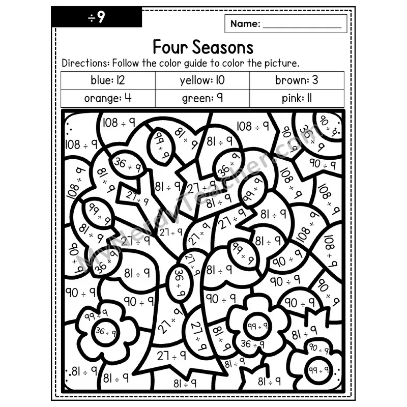 Division Color by Number — ÷9 — Four Seasons (Page 6)