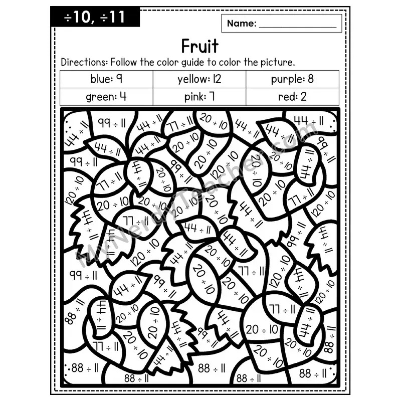 Division Color by Number — ÷10, ÷11 — Fruit (Page 7)