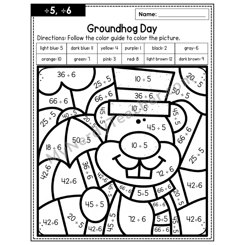 Division Color by Number — ÷5, ÷6 — Groundhog Day (Page 3)