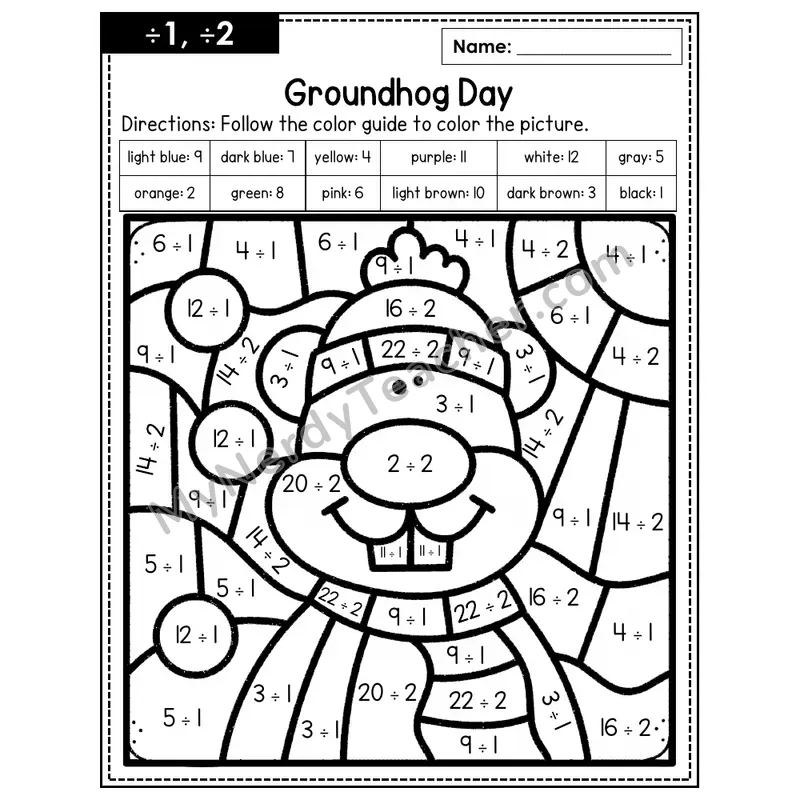 Division Color by Number — ÷1, ÷2 — Groundhog Day (Page 1)