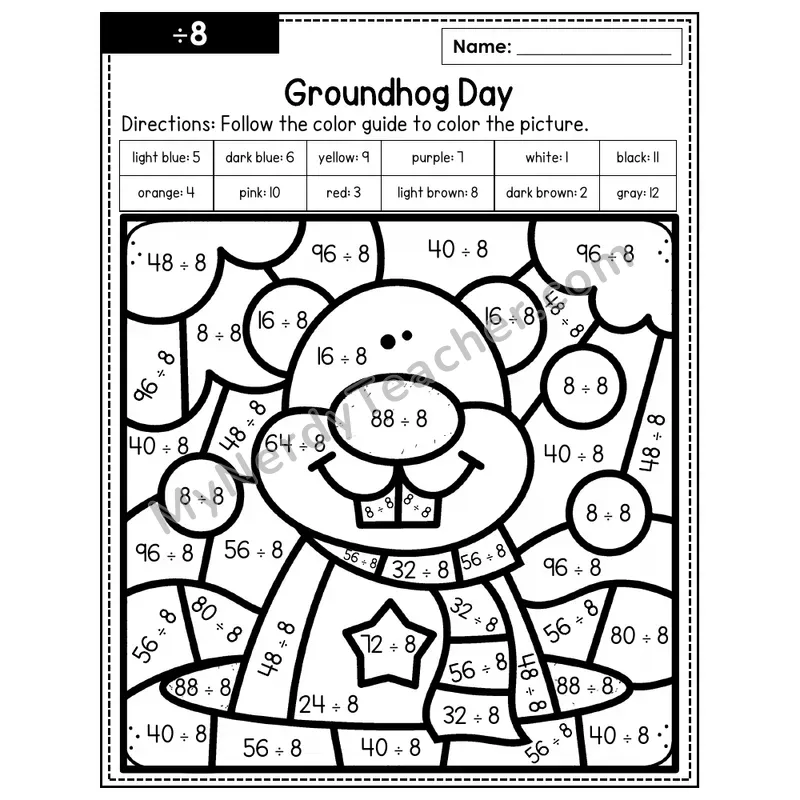 Division Color by Number — ÷8 — Groundhog Day (Page 5)
