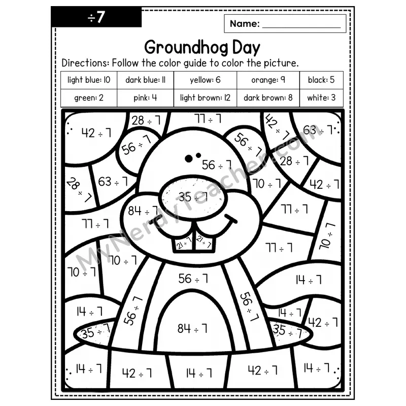 Division Color by Number — ÷7 — Groundhog Day (Page 4)