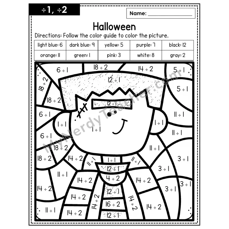 Division Color by Number — ÷1, ÷2 — Halloween (Page 1)